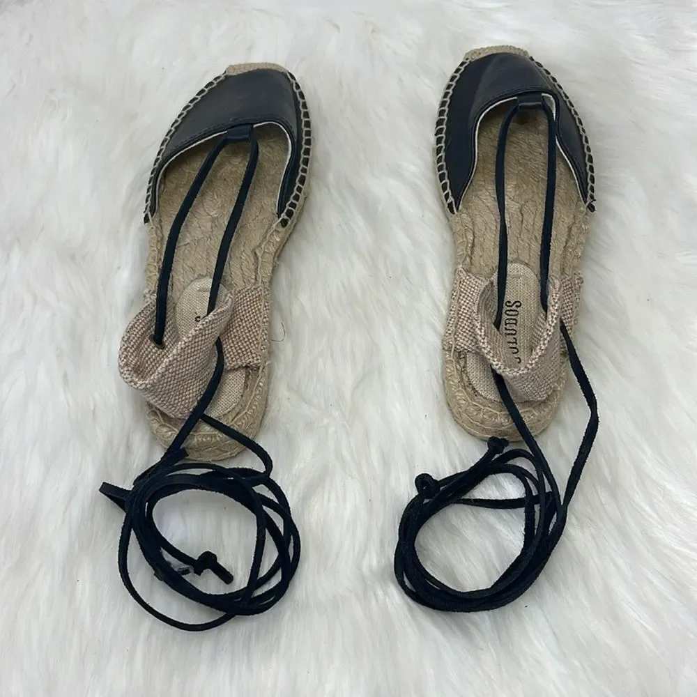 Soludos‎ Black Leather Gladiator Lace Up Espadrilles Sz 7.5